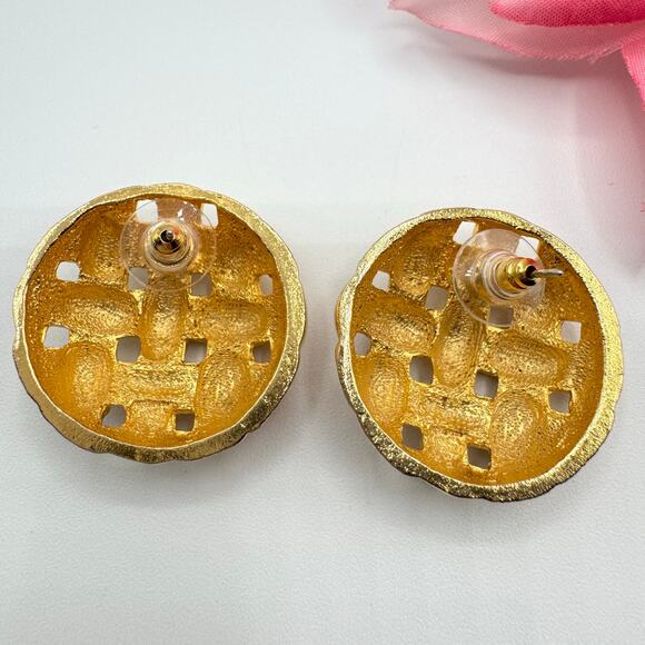 Vintage Basketweave Stud Earrings Gold Tone Chunky Big Heavy 80s Runway Chic - Picture 5 of 8